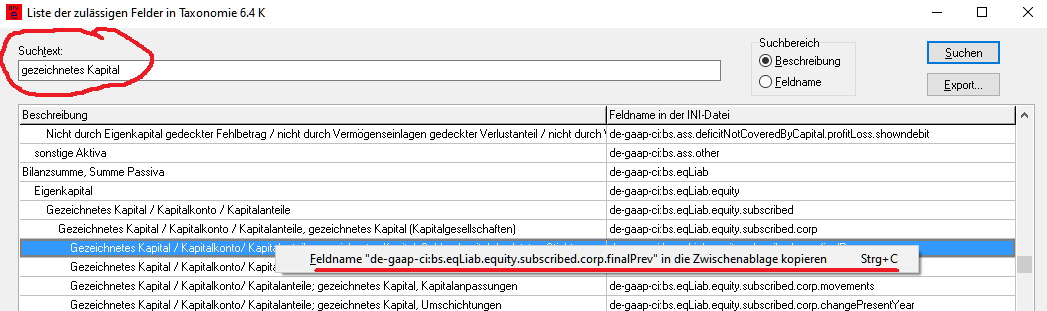 Hilfe - Feldliste