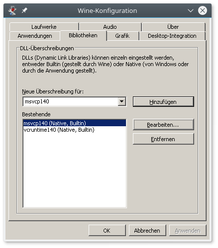 WINE-Einstellungen für Microsoft-Runtime-Bibliothek