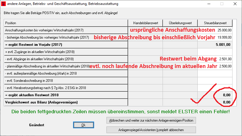 Anlagenspiegel mit Abgang