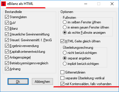 Kontensalden in HTML-Ansicht